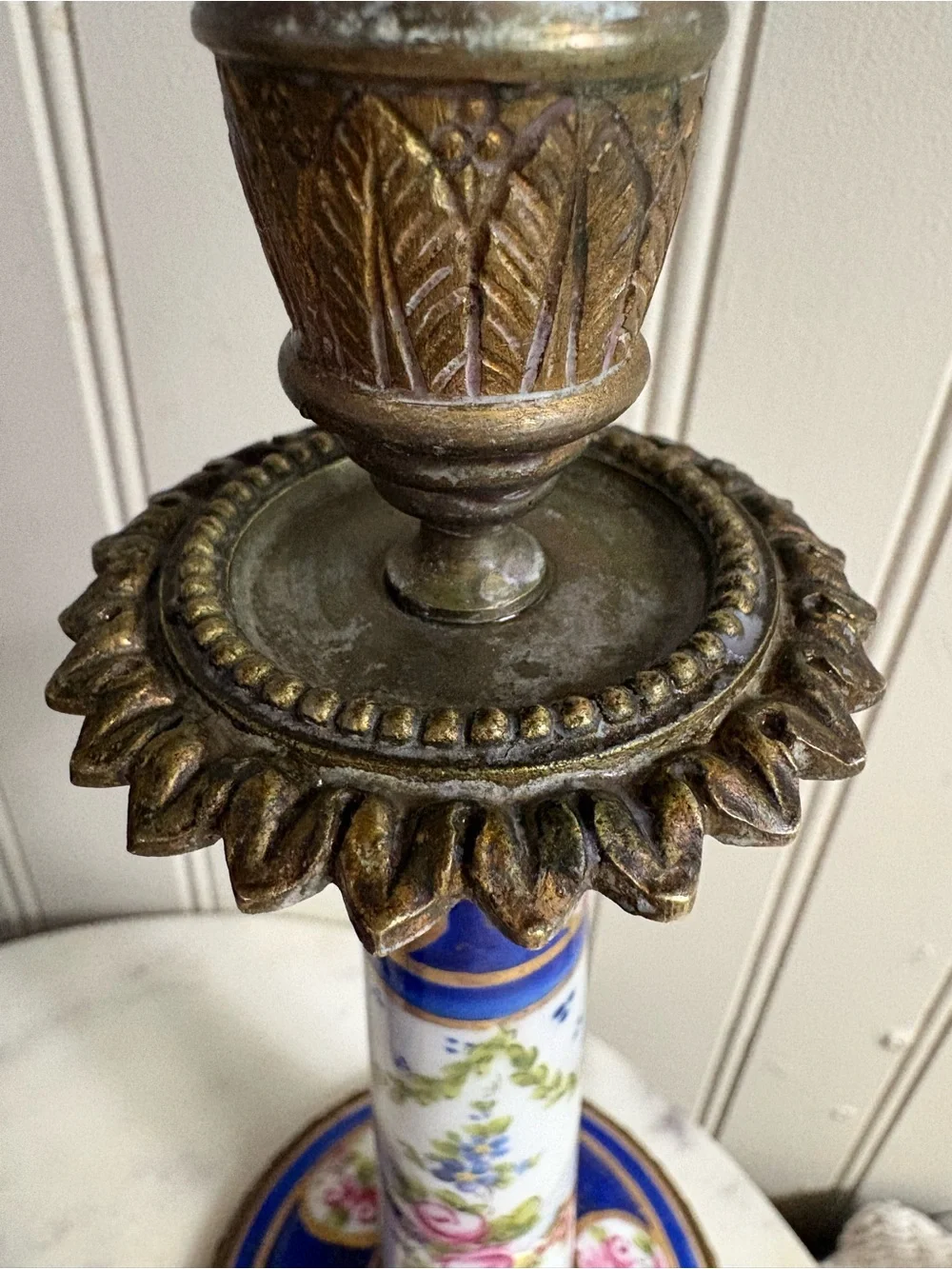 Antique L.P. Paris Sèvres-Style Porcelain & Bronze Hand-Painted Candlesticks VTG